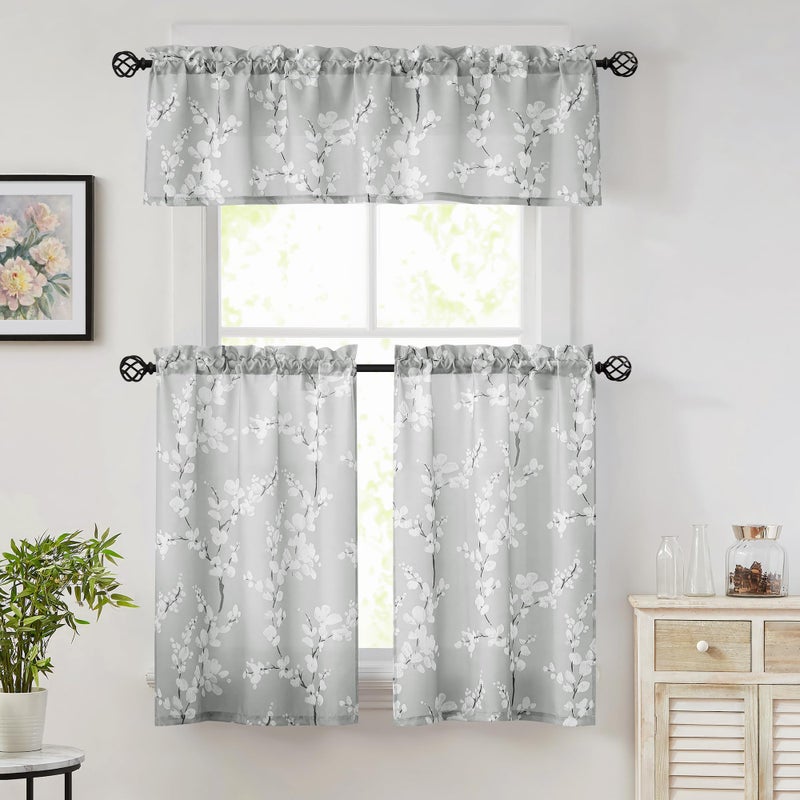 FMFUNCTEX Gray-White Kitchen Valance Curtain 15-inches Length Blossom Print Canvas Window Curtain Valance for Cafe Floral Botanical Pattern Window Top Curtain Rod Pocket 1 Pack - Image 2